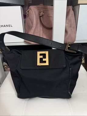 Authentic Fendi Black Nylon Shoulder Bag with Gold FF Clasp